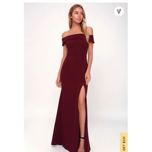 Lulus XS NWT Burgundy Aveline Off-the-Shoulder Maxi Dress